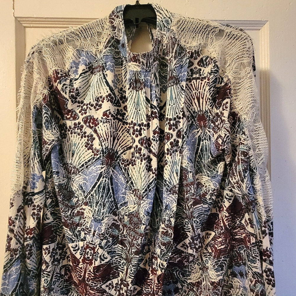 Free People Boho Blouse With Lace Sleeve Inlays
